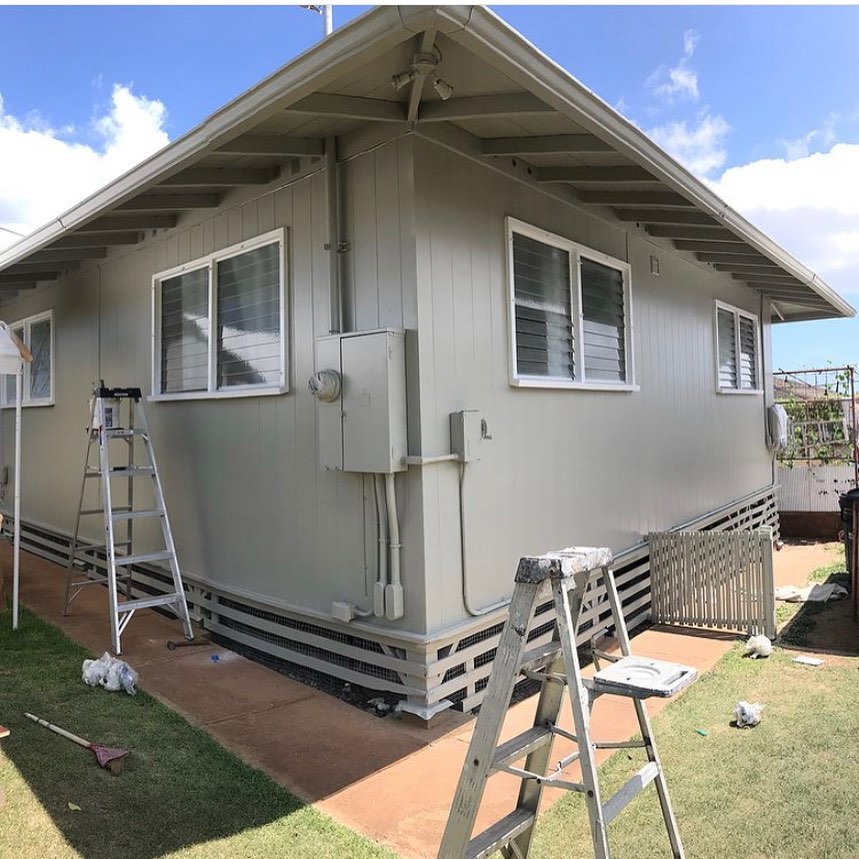 Sage-green home mid-repaint with ladders on site